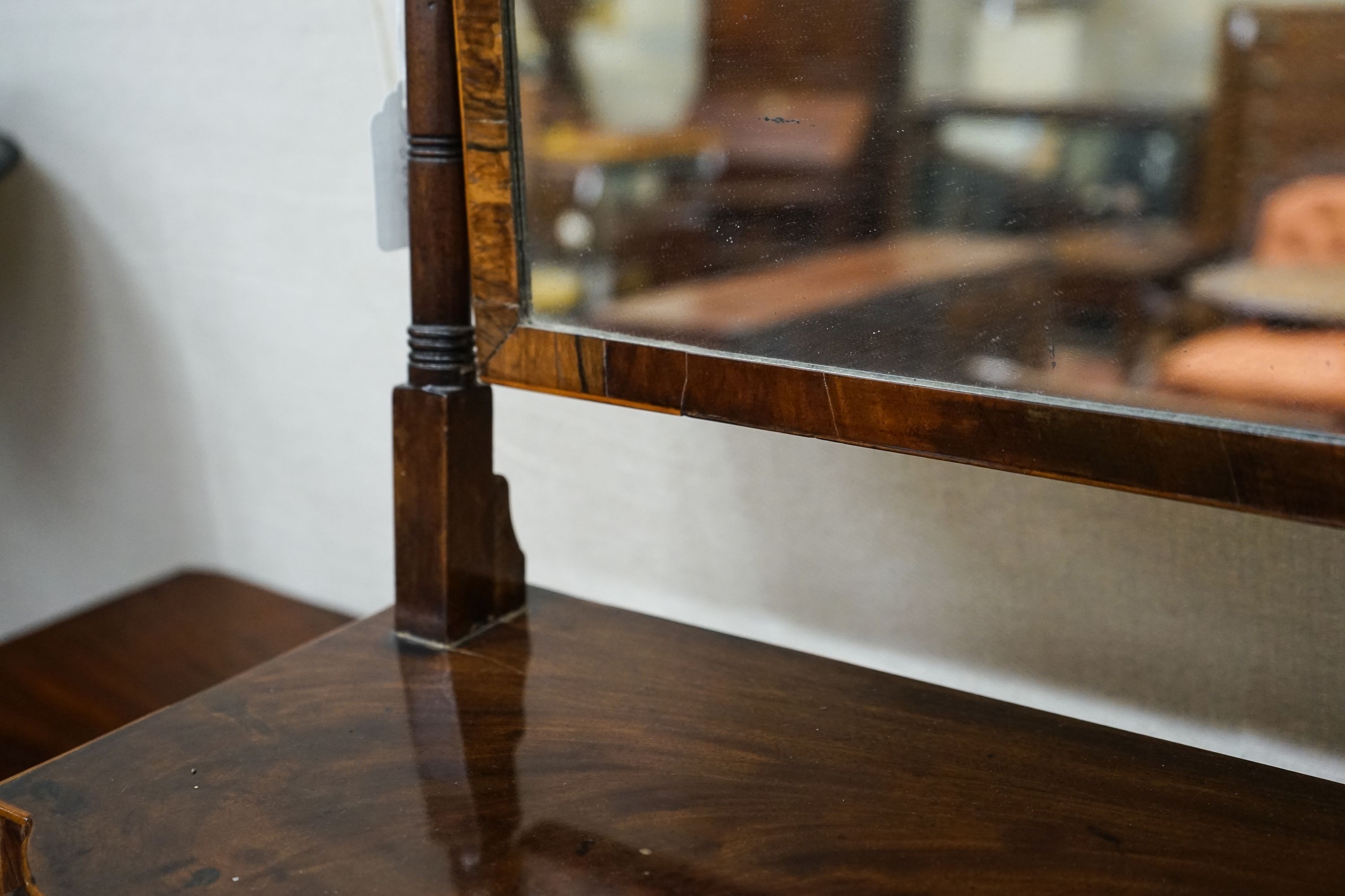 A George IV mahogany toilet mirror, with three drawer box base, width 58cm, depth 24cm, height 59cm